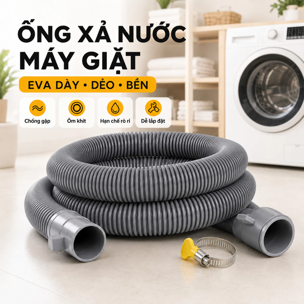 Ống Thoát Nước Máy Giặt 1.5M - 2M - 3M Mềm Dẻo, Không Gấp Khúc, Kèm 2 Khóa Kẹp Inox Chống Rò Rỉ - Lắp Đặt Dễ Dàng, Bền B