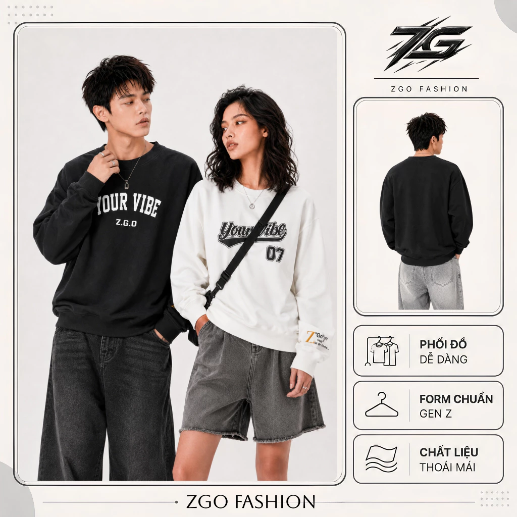 Áo sweater boxy unisex ZGO chất vải nỉ chân cua dày dặn form rộng unisex phong cách Ulzzang AZG08