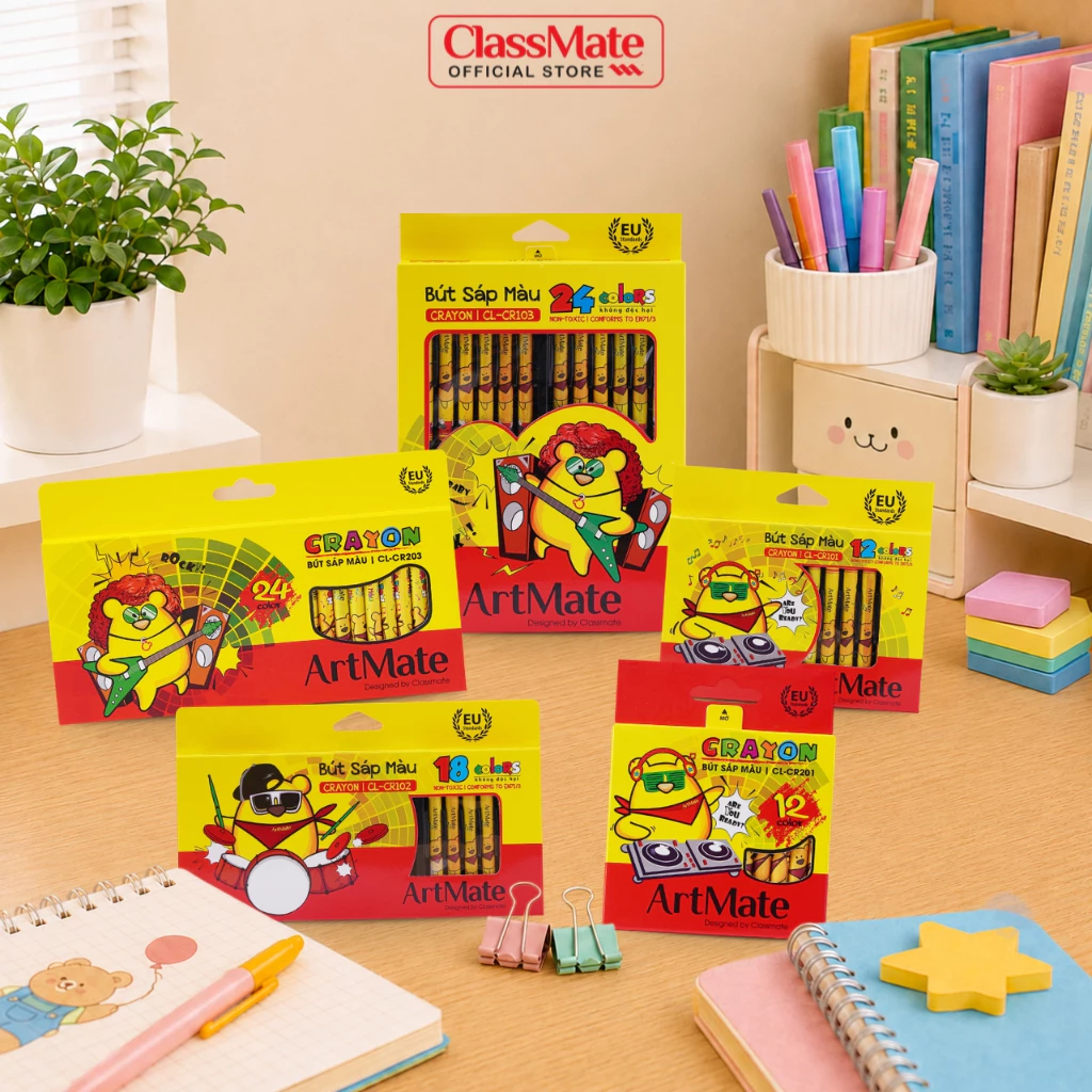 Combo 3/5 Bộ Sáp Màu Classmate 12/18/24 Màu Mịn, Màu Tươi Sáng, Bám Giấy Cho Bé Tập Tô, Tập Vẽ, Màu Vẽ Học Sinh
