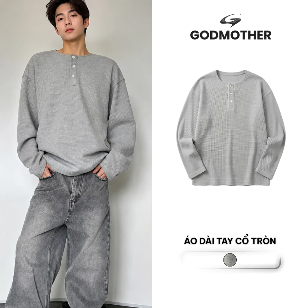 Áo Thun Dài Tay Cổ Tròn GODMOTHER Áo Long Tee Cổ Phối Cúc Unisex Chất Liệu Tổ Ong Phong Cách Tối Giản