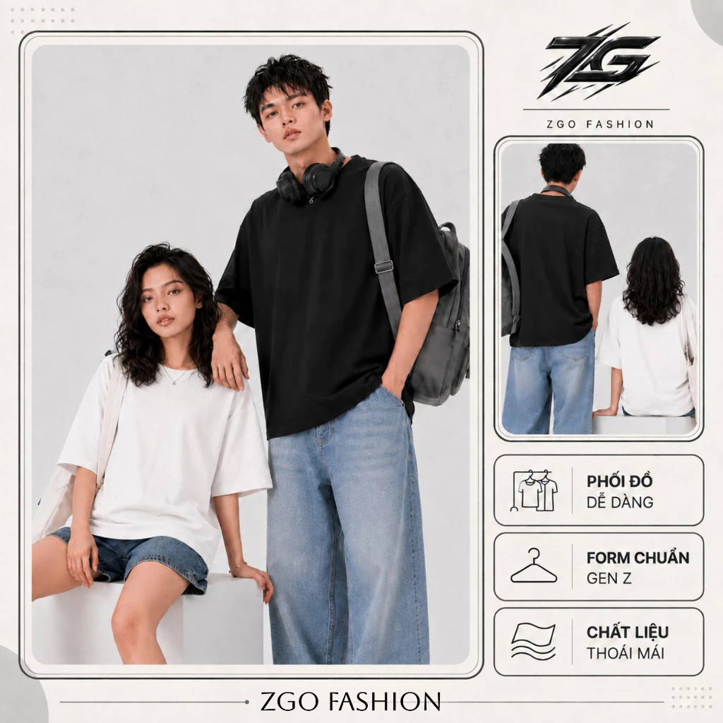 Áo thun boxy trơn ZGO áo boxy form unisex cổ tròn chất cotton dày dặn thoáng mát AZG12