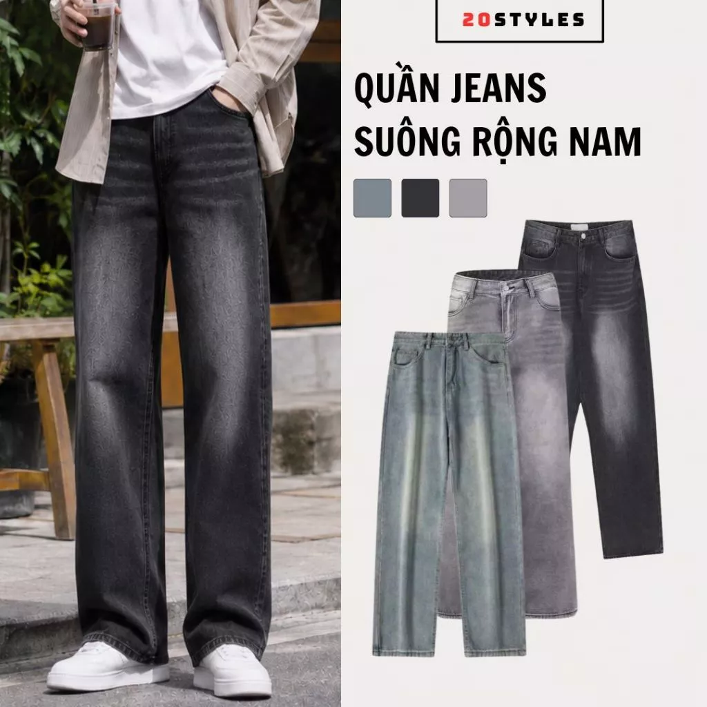 Quần jean nam đen ống suông rộng 20Styles chất jean bò dáng baggy dày dặn, không xù SRN