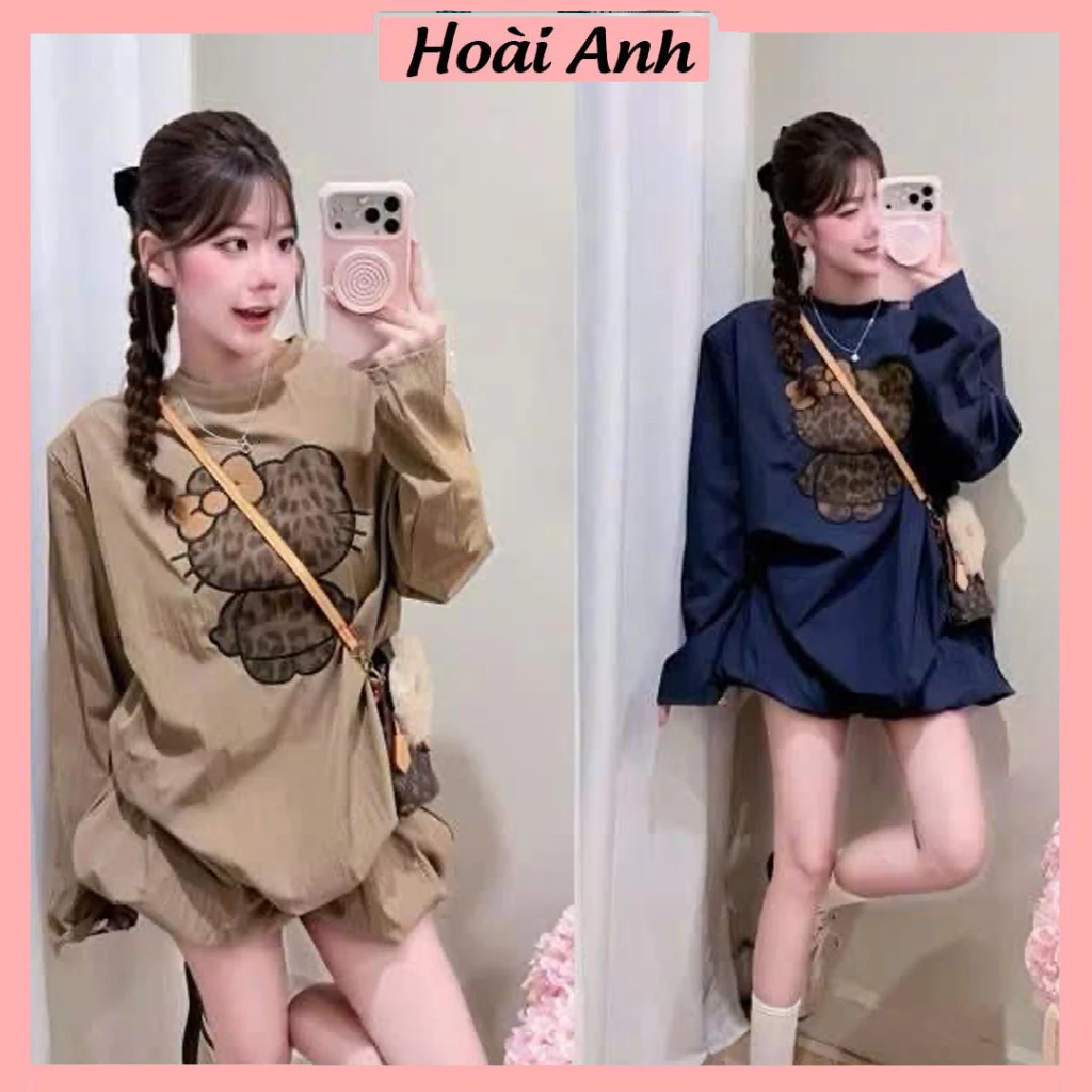 Set Bộ Đồ Nữ Gió Nhắn Áo Cổ TRòn Dài Tay In Mèo Kitty Da Báo Mix Quần Váy Bí Phồng 2 Lớp
