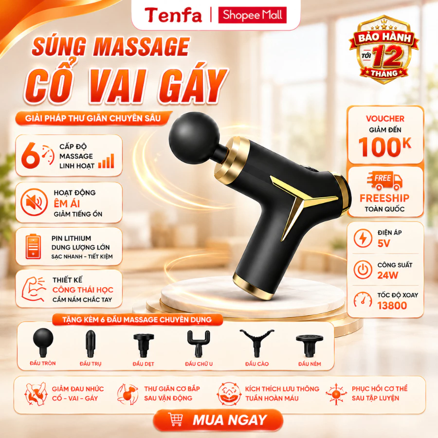Súng Massage Cầm Tay 6 Đầu Thay Thế, 6 Chế Độ Massage Pin Dung Lượng Lớn Đa Năng