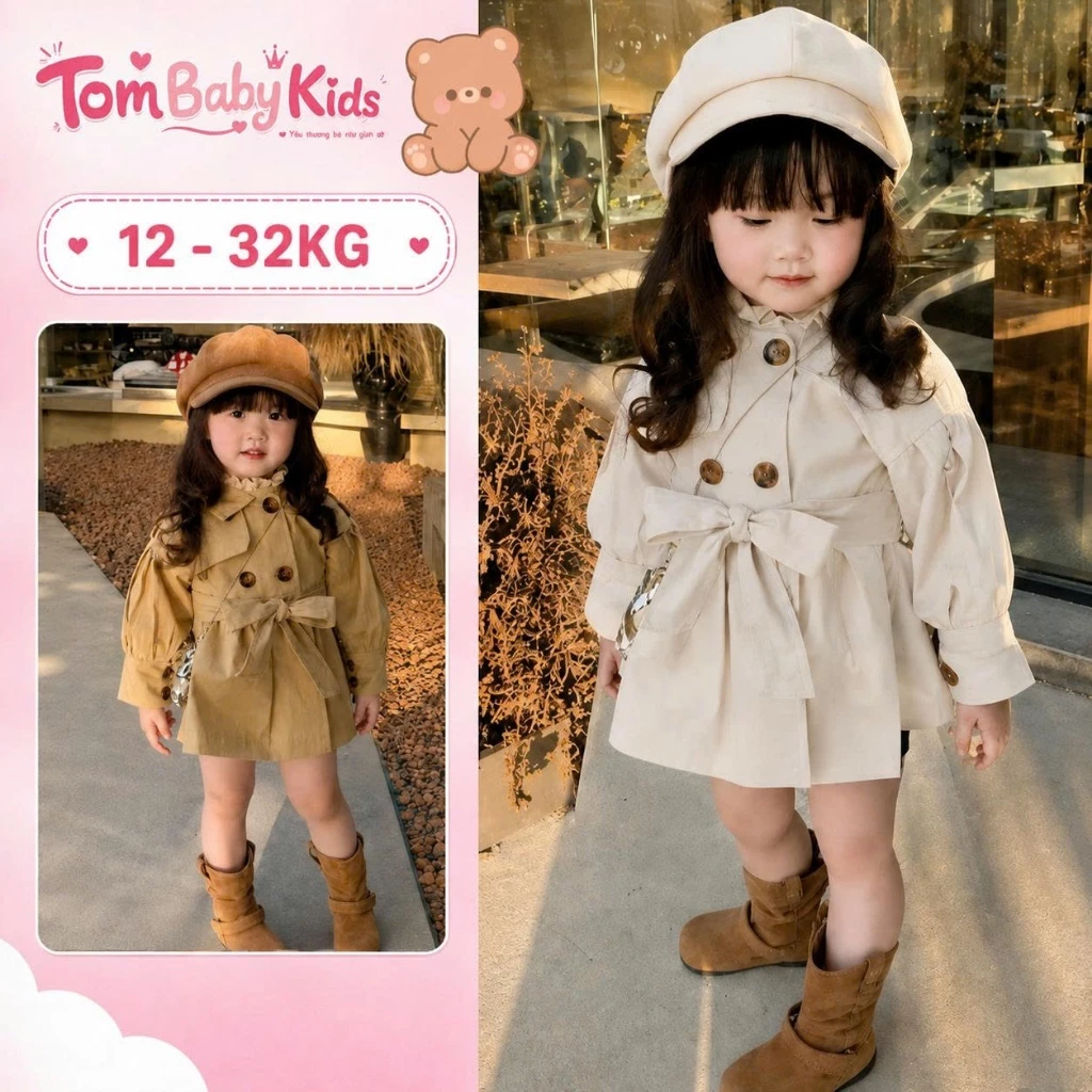 Áo măng tô cho bé gái, áo khoác măng tô kaki giữ nhiệt kèm đai cho bé 12-32kg Tom Baby Kids