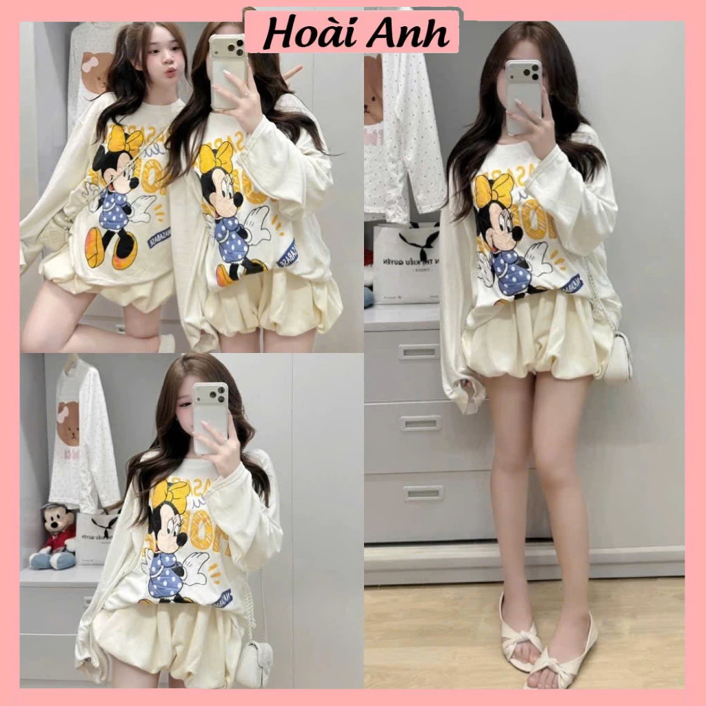 Set Bộ Đồ Nữ Áo Thun Giấy Vàng Kem Dài Tay In Mickey Nơ Vàng Mix Quần Gió Bí Gấu Boom 2 Lớp