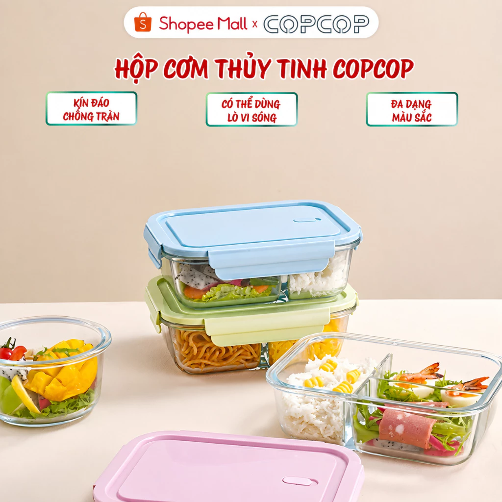 Hộp cơm thủy tinh COPCOP, hộp cơm văn phòng thủy tinh chia ngăn chống tràn, dùng được cho lò vi sóng