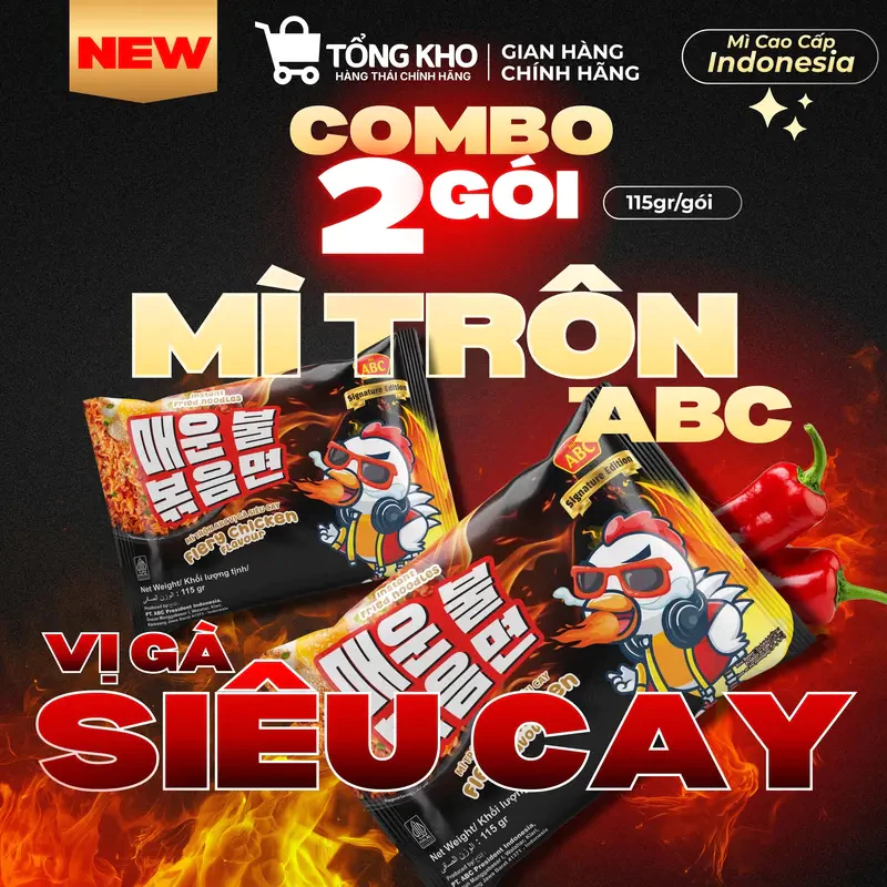 [SIÊU CAY] Mỳ Trộn ABC Vị Gà Siêu Cay, Sợi Mỳ To, Dai (Gói To 115gr/gói)