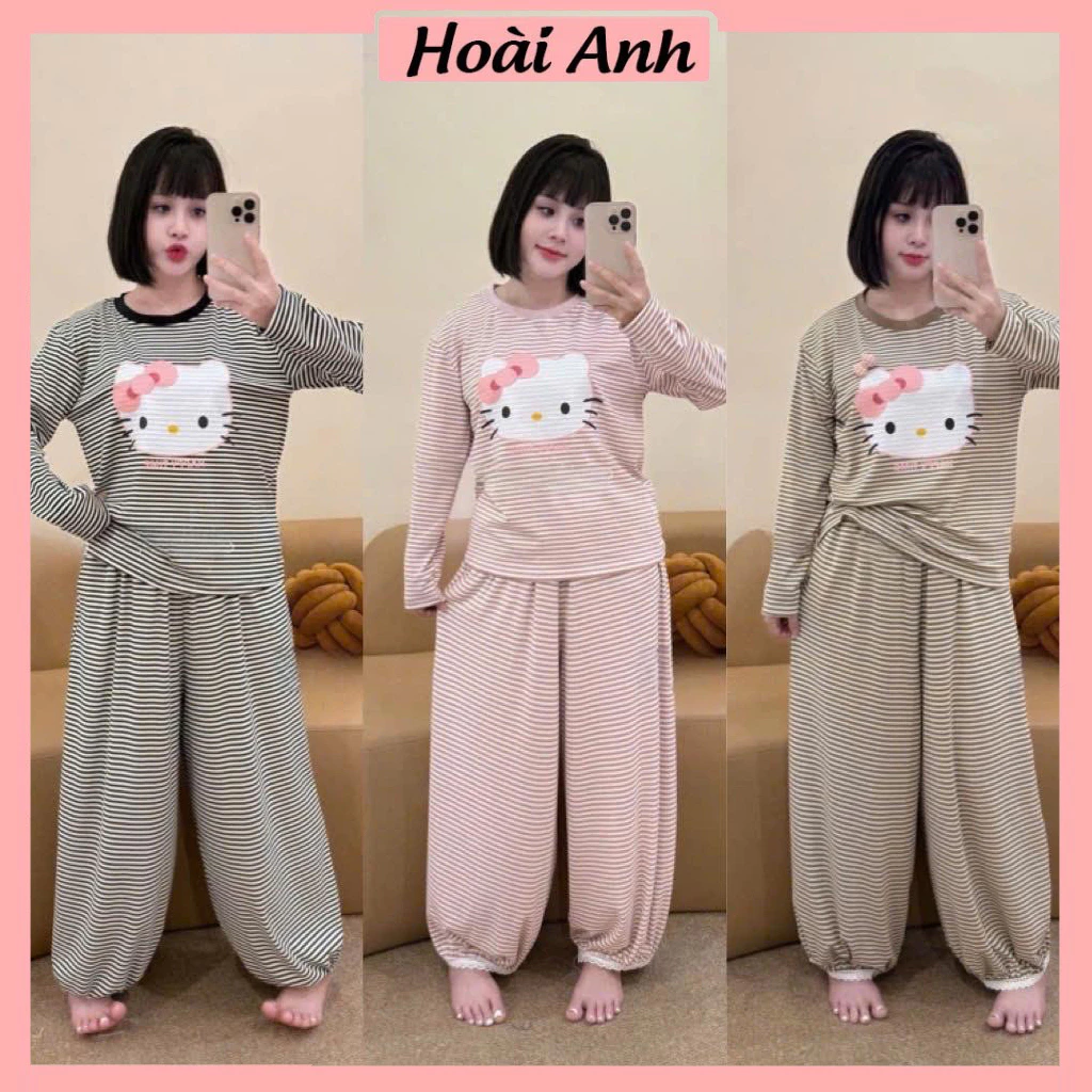 Set Bộ Đồ Nữ Kẻ Ngang In Mèo Kitty Nơ Hồng Áo Dài Tay Cổ Tròn Phối Viền Mix Quần Dài Ống Rộng Boom Viền Gấu Ren Trắng