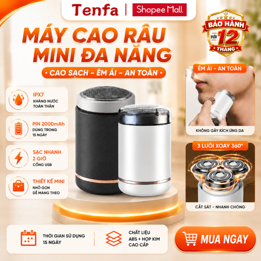 Máy cạo râu mini  bỏ túi đa năng chống nước chuẩn IPX7 6 lưỡi dao kép, cắm sạc USB tiện lợi