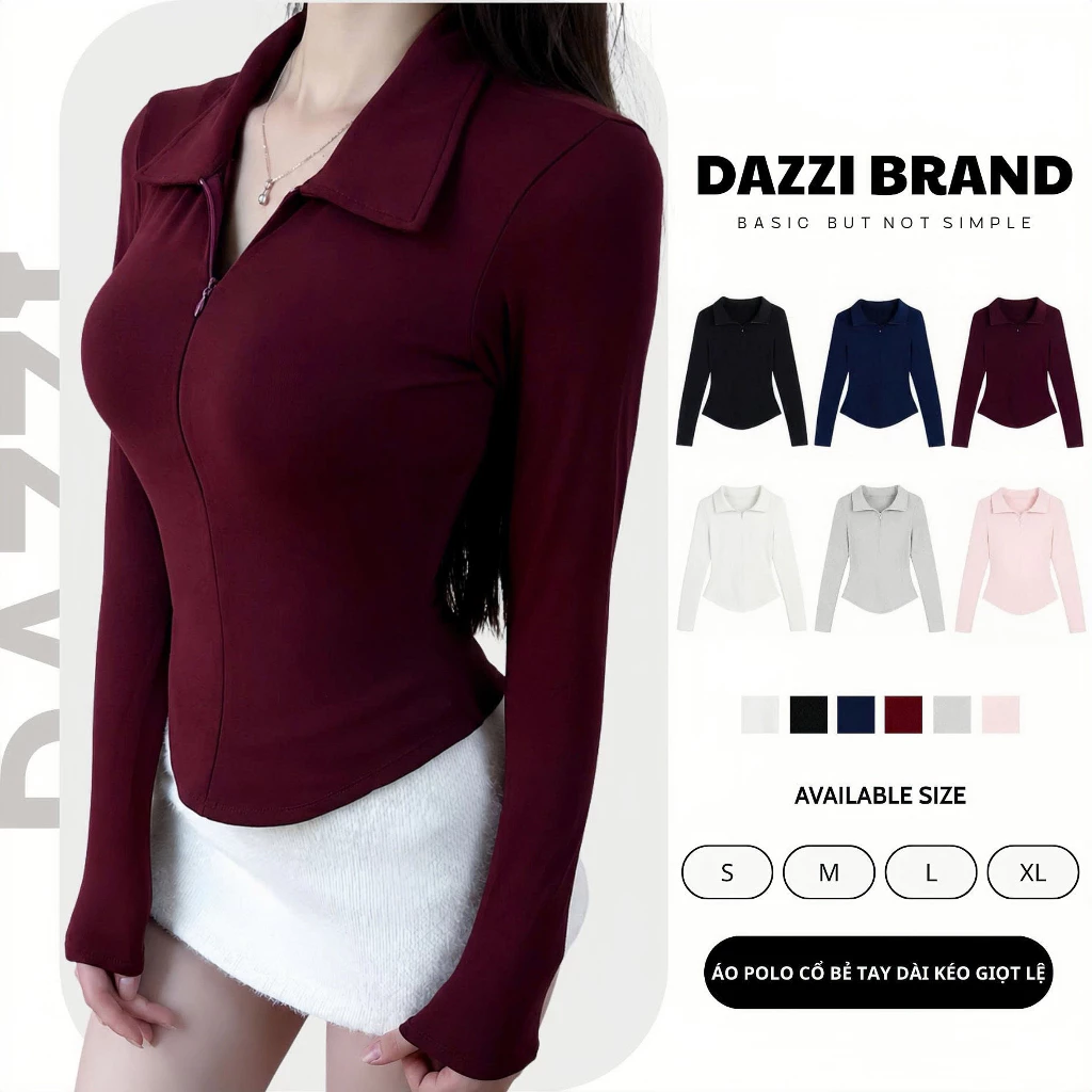 Áo thun nữ cổ bẻ tay dài phối dây kéo ôm dáng vạt bầu vải cotton mịn DAZZI Polo Women A022TD