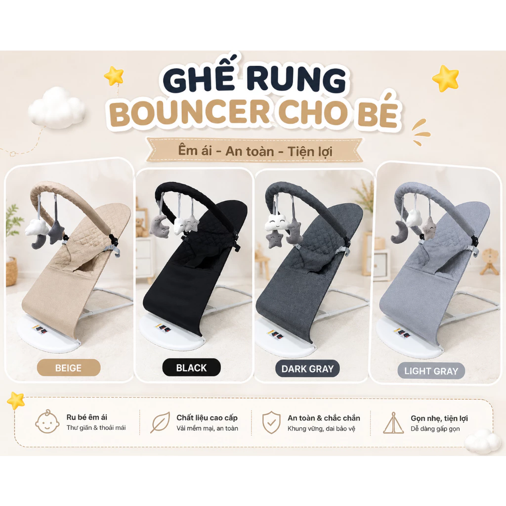 Ghế rung nhún cao cấp cho bé, chắc chắn, chơi nằm ngủ an toàn cho bé, thiết kế công thái học [TẶNG KÈM ĐỒ CHƠI] GR-02