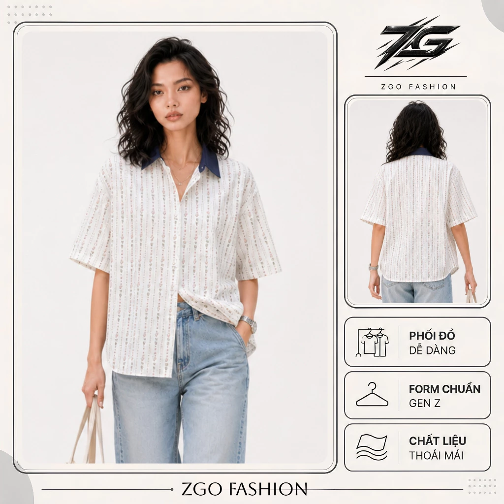 Áo sơ mi họa tiết tay ngắn ZGO Nam Nữ phối cổ Denim form unisex chất vải mát, thoảng mái AZG27