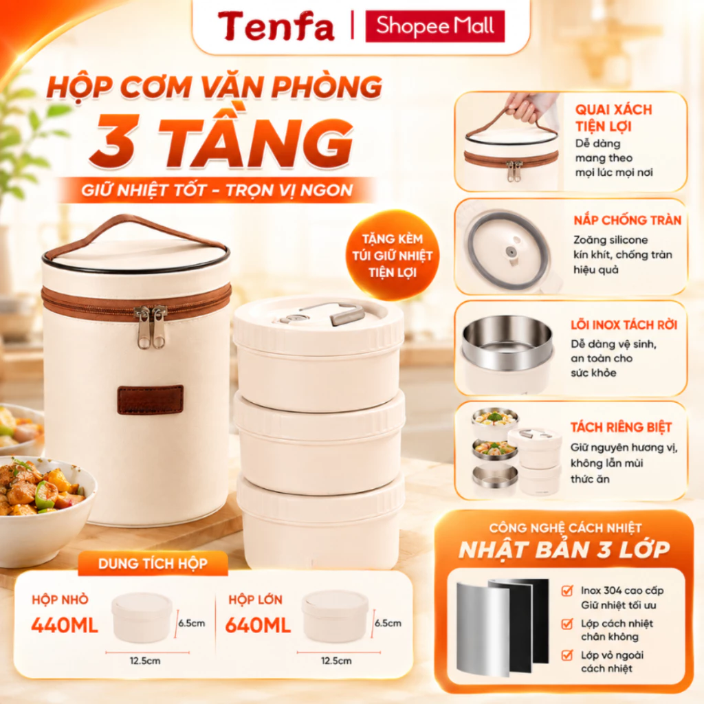 Hộp đựng cơm giữ nhiệt 3 tầng , Hộp cơm trưa văn phòng cách nhiệt bằng thép không gỉ 304