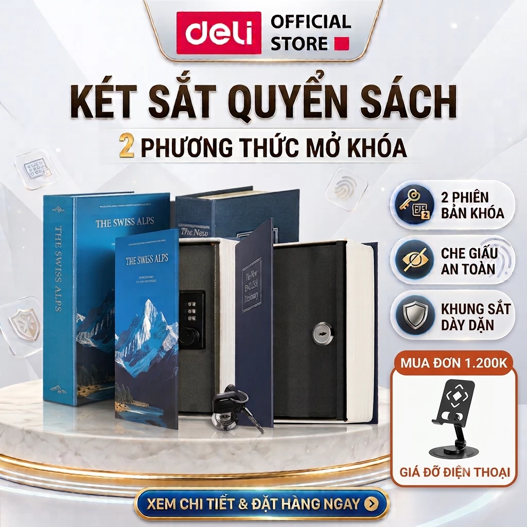Hộp Đựng Tiền Dạng Hình Quyển Sách Deli, Két Sắt Mini 2 Kích Thước Nhỏ Gọn Dễ Dàng Decor, Trang Trí