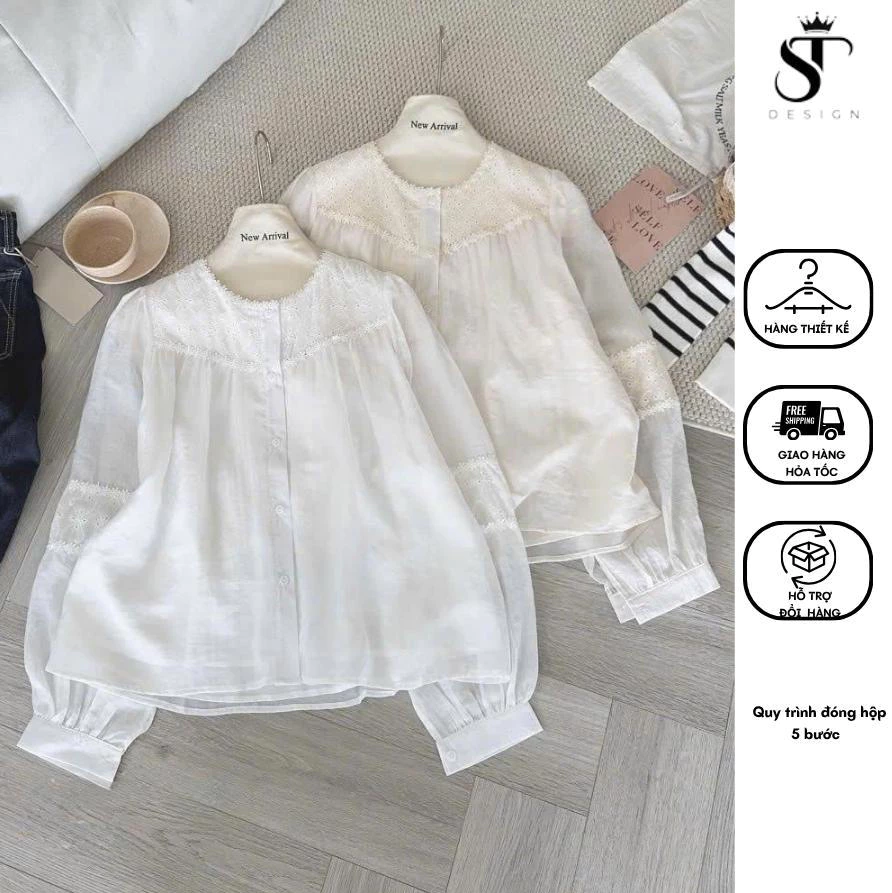 Áo sơ mi dáng babydoll phối ren sang chảnh 2 màu be, trắng - ST Design - 111