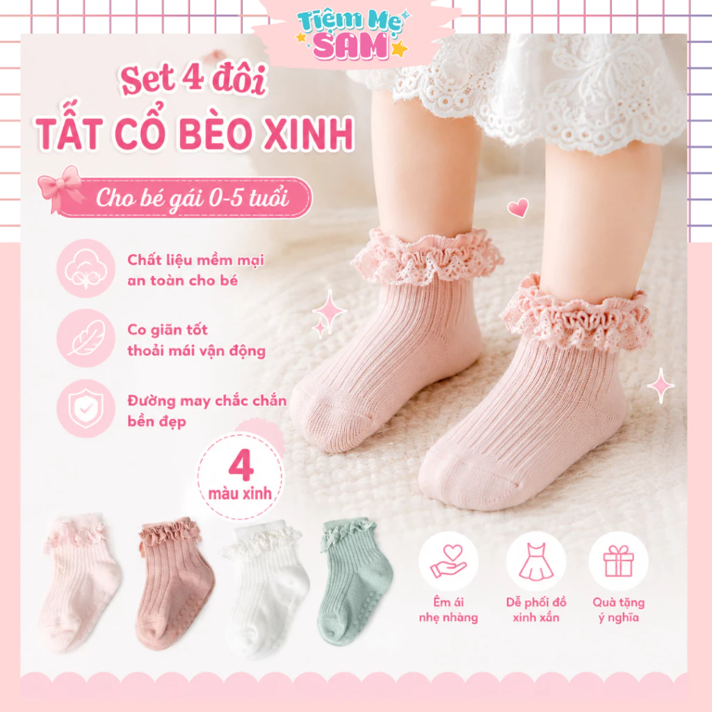 TCB2 - Tất Cổ Bèo Cho Bé Gái, Tất Trơn Mềm Mại Dày Dặn, Nhiều Màu Dễ Phối Đồ