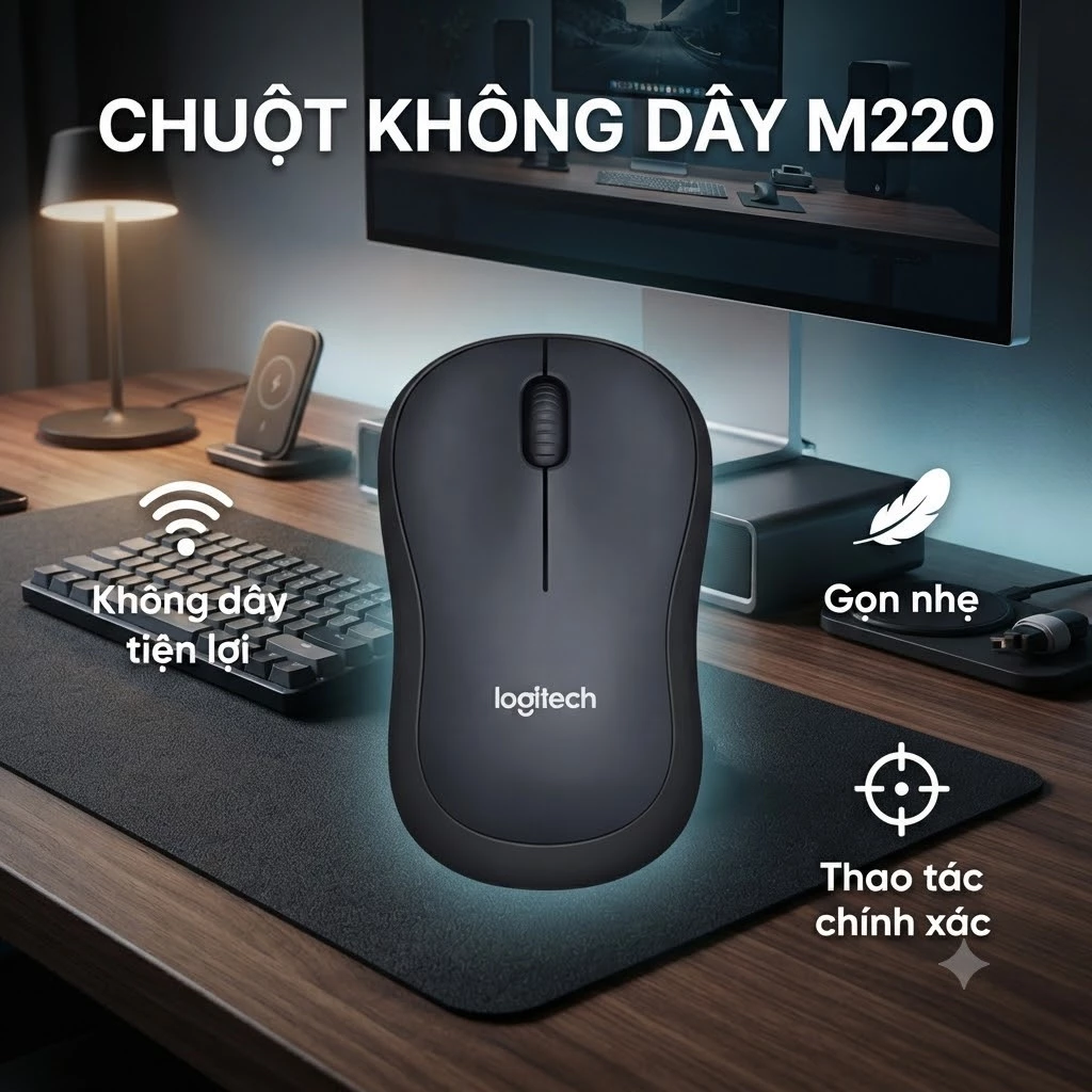 CHUỘT KHÔNG DÂY SILENT M220 – GỌN GÀNG, ÊM ÁI, TIỆN DỤNG CHO CÔNG VIỆC & HỌC TẬP