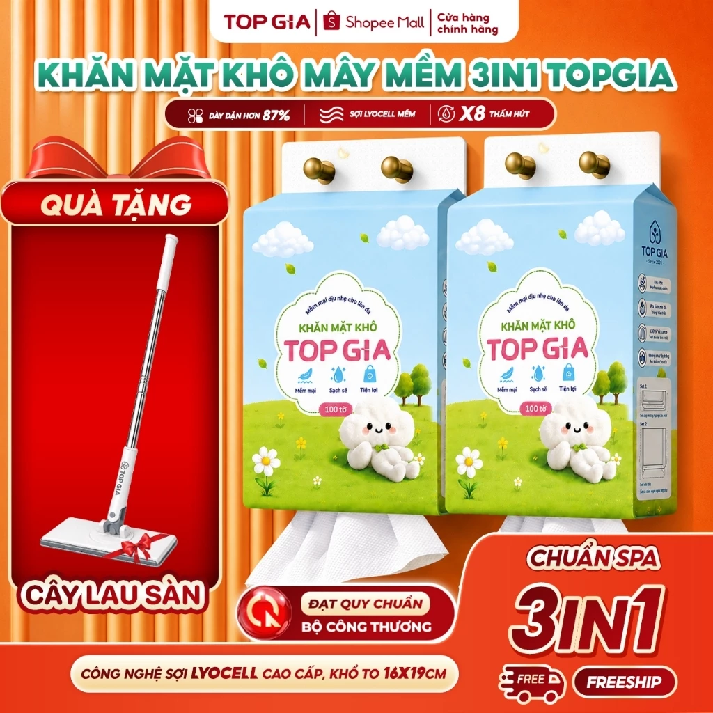 [TẶNG CÂY LAU SÀN] Combo 2 bịch Khăn mặt khô cao cấp Topgia rút đáy treo tường dịu nhẹ, lành tính cho da tặng móc treo