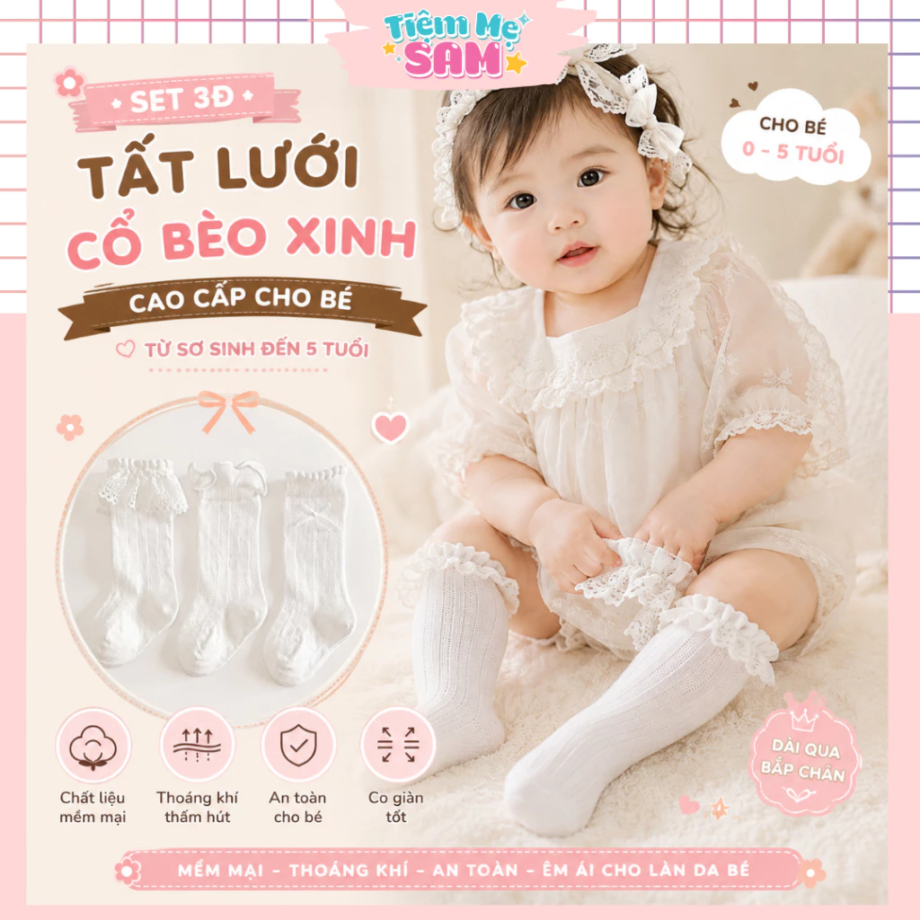 LUOI03 - Combo 3 Đôi Tất Lưới Ren Cổ Bèo Cho Bé Gái 0-5 Tuổi, Tất Dài Cotton Thoáng Khí Màu Trắng Dễ Thương