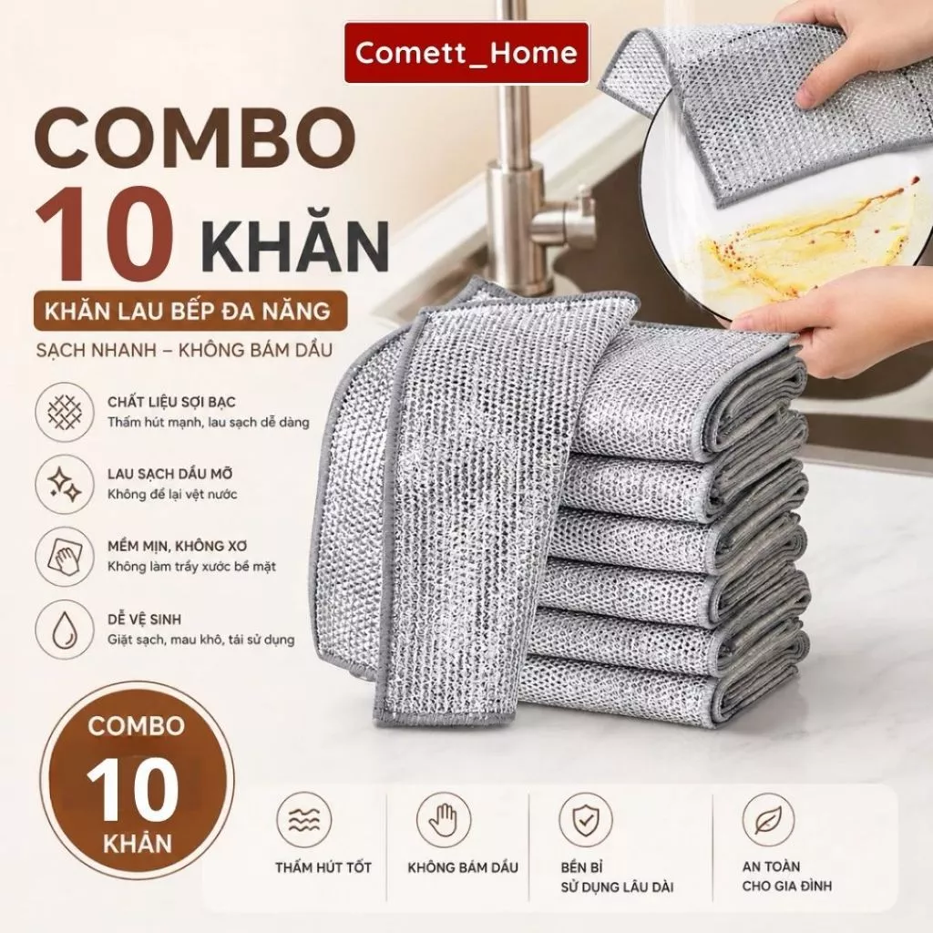Khăn Lau Bếp Kim Loại Cọ Xoong Nồi - Combo 10 Khăn Lau Đa Năng Lau Bát Đĩa Đa Năng Không Mài Mòn