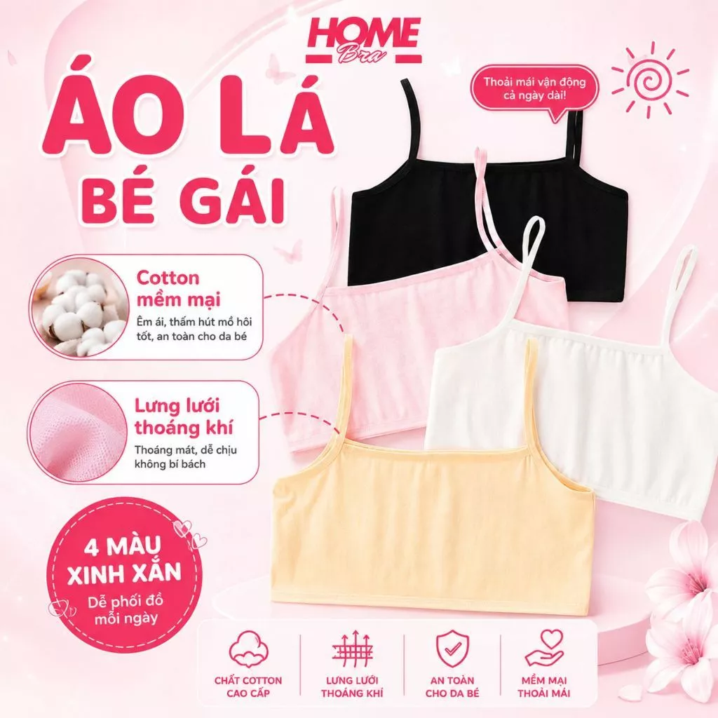 Áo Lót Bé Gái 2 Dây Cotton Trơn Mềm Mại – Áo Lá Bé Gái Tuổi Dậy Thì Cấp 1, Cấp 2, Thoáng Khí A032