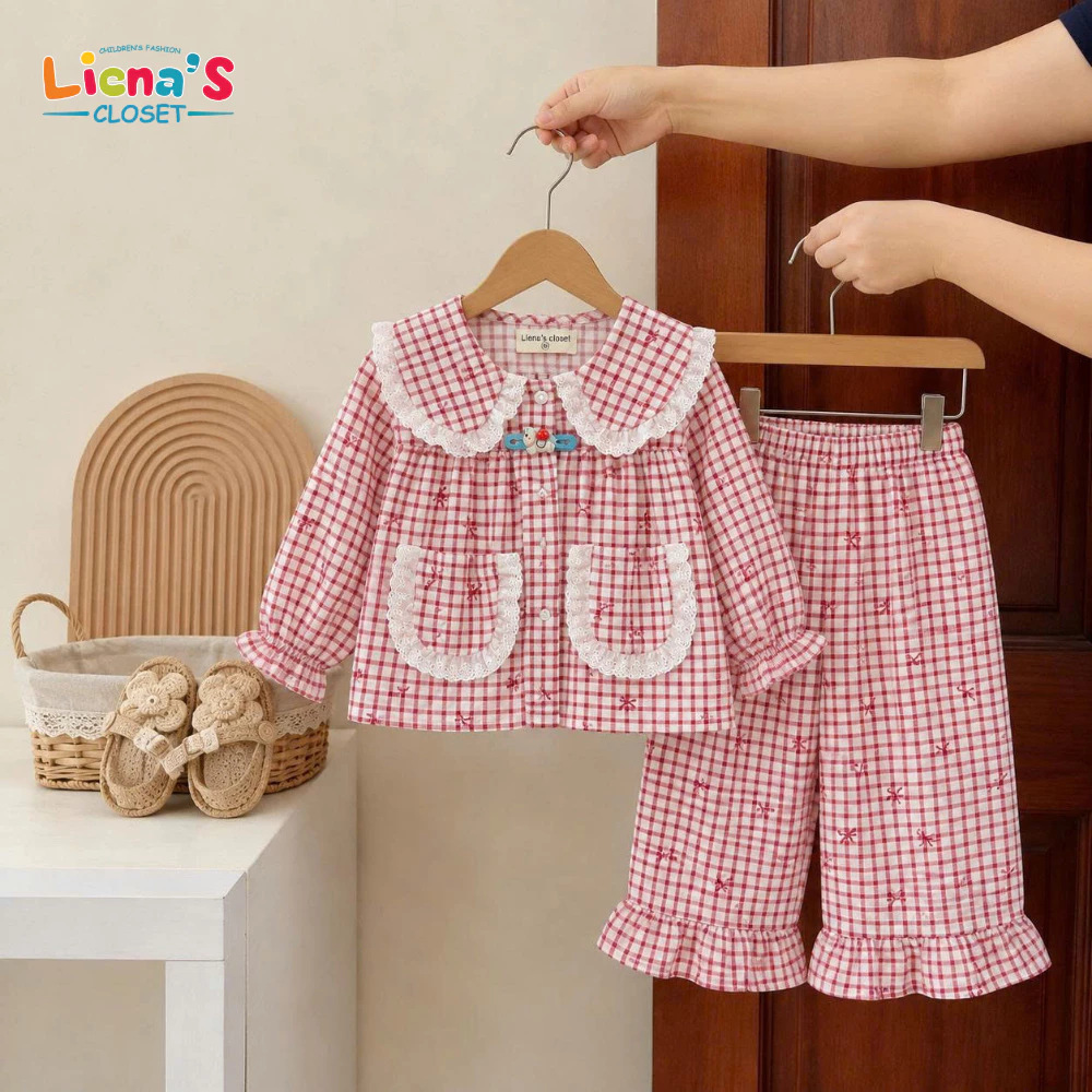 Set Bộ Bé Gái Dài Tay Cổ Sen Phối Ren Kèm Kẹp Tóc, Quần Ống Rộng Gấu Bèo Tiểu Thư Hàn Quốc
