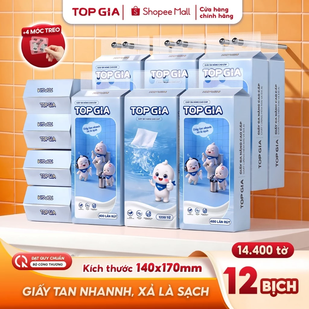[SIÊU TO - CỠ ĐẠI] Giấy đa năng TopGia Melto dễ tan trong nước, mềm mịn, 1200 tờ 400 lượt rút