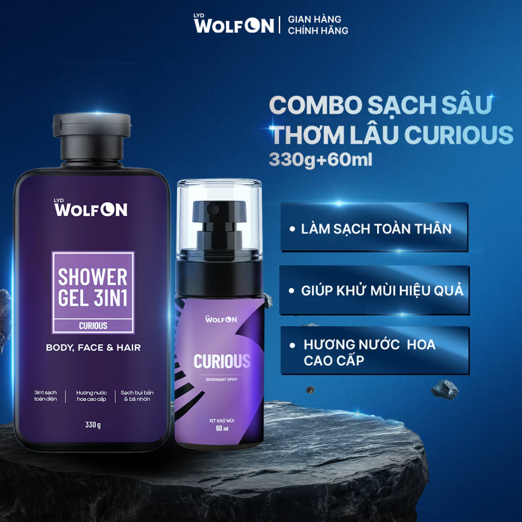 [LIVE] Combo Sữa Tắm Gội Nam 3in1 LYD Wolf On Curious 330g và Xịt khử mùi cơ thể 60ml lưu hương, hương nước hoa