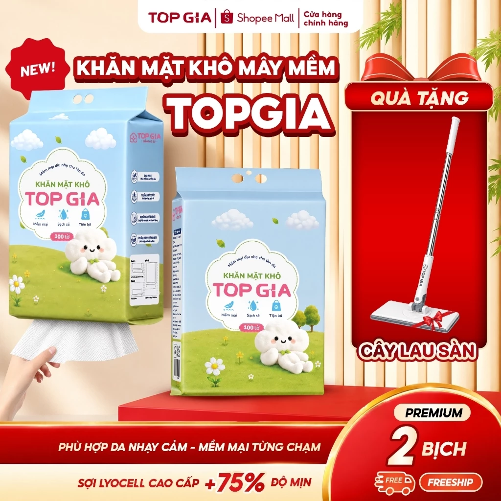 [TẶNG CÂY LAU SÀN] Combo 2 Bịch Khăn Mặt Khô Cao Cấp TOPGIA An Toàn, Lành Tính, Dịu Nhẹ Cho Da, Bịch 100 Tờ