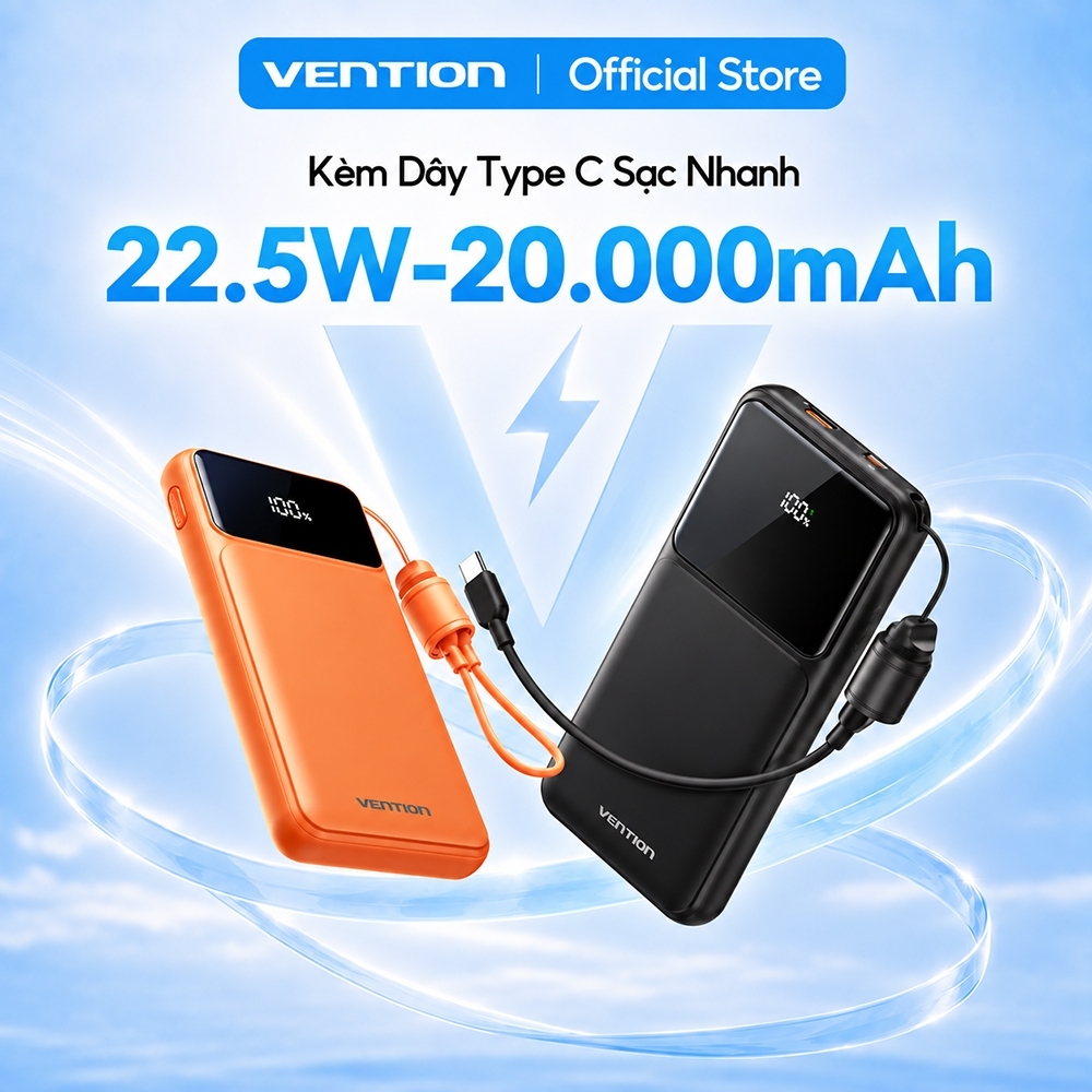 Pin Sạc Dự Phòng 20000mAh Vention 22.5W, Đạt Chuẩn 3C, 2 Cổng USB-A/C Kèm Dây…