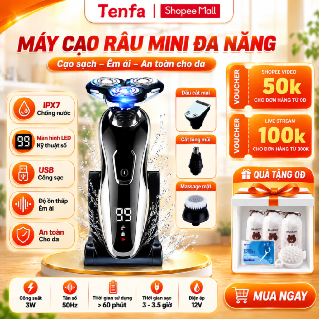 Máy Cạo Râu Mini  Đa Năng 3 Lưỡi Kép, Màn Hình LED Hiển Thị Pin, Sạc Nhanh 2 Giờ Chống Thấm Nước MCR01