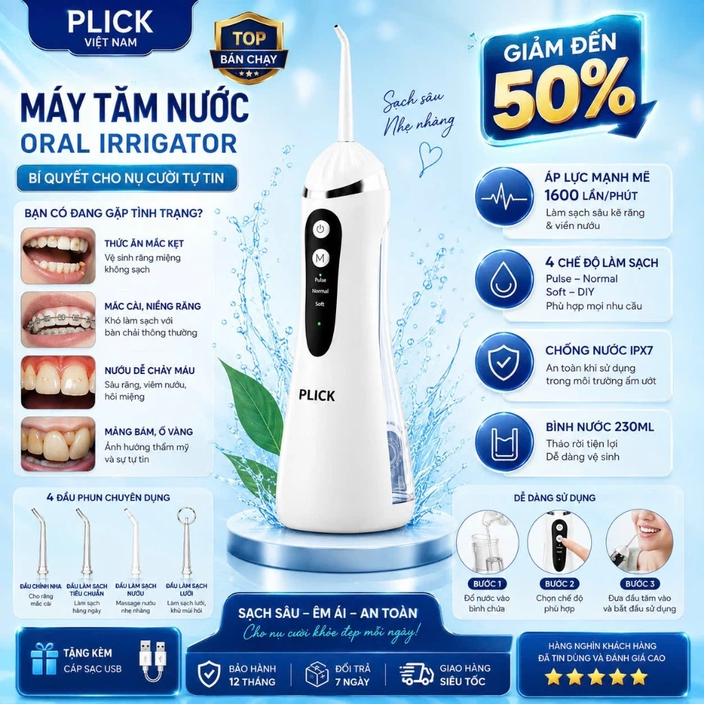 Máy Tăm Nước Cầm Tay PLICK Hỗ Trợ Việc Vệ Sinh Răng Miệng Của Bạn Một Cách Dễ Dàng Nhiều Chế Độ