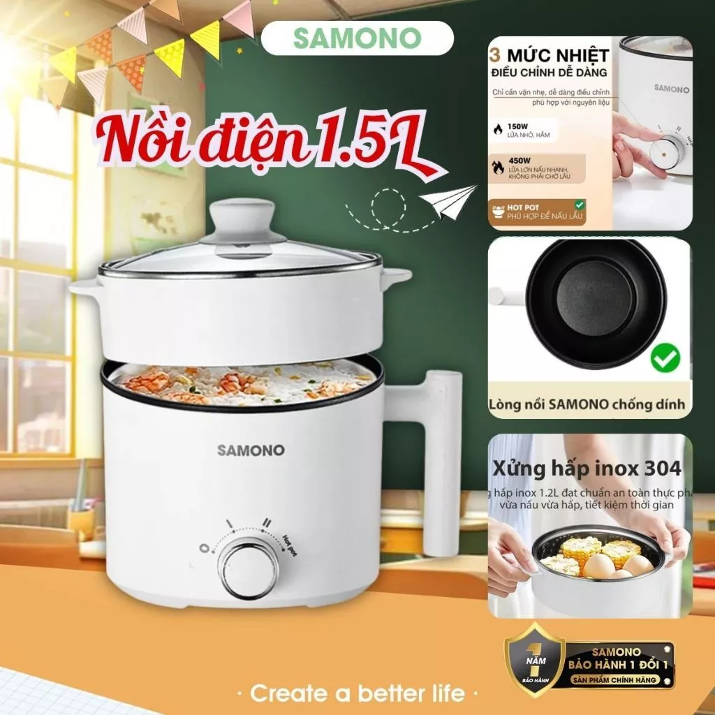 (BH 1 năm) Nồi điện đa năng Samono SW-DG04S lẩu điện 1.5L chống dính, 3 mức nhiệt 150W &450W & hotpot, kèm xửng hấp inox