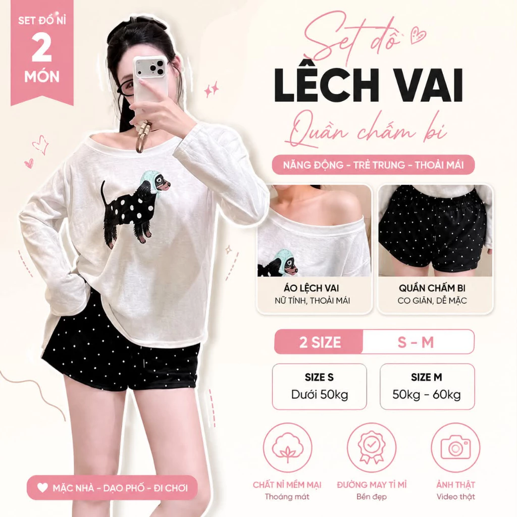Set Bộ Nỉ Nữ 2 Món Áo Lệch Vai + Quần Short Chấm Bi Thời Trang Nữ Trẻ Trung Thoải Mái Phong Cách Hàn Quốc