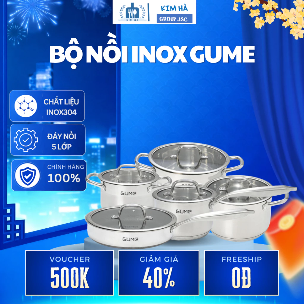 Bộ Nồi Inox GUME Hàn Quốc - Bộ Nồi Inox Đáy 5 Lớp Dày Dặn Cao Cấp Phù Hợp Cho Mọi Loại Bếp - Kim Hà Group JCS