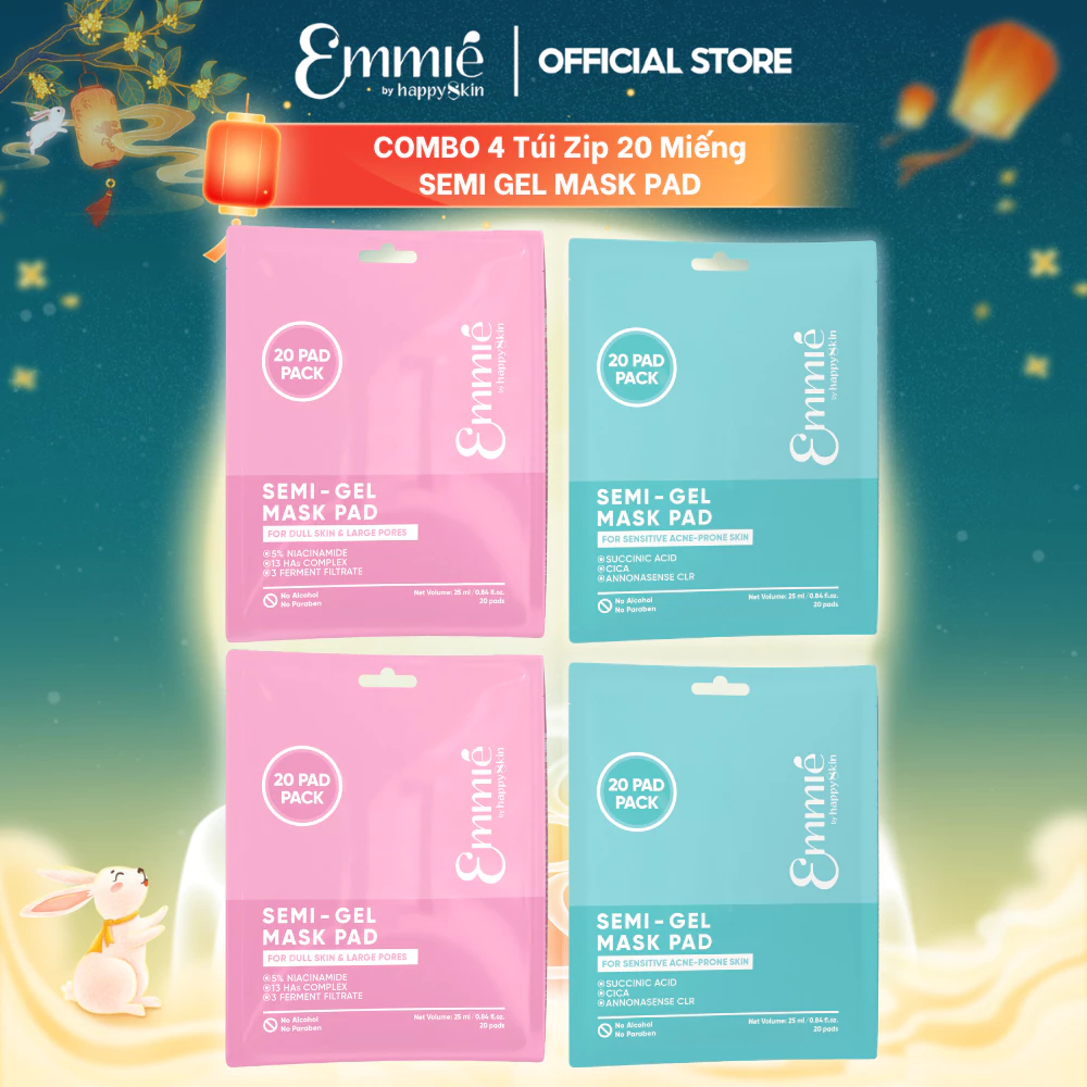 Toner pad dưỡng da Emmie by Happy Skin Set 2 Zip 5% Nia Sáng Da & 2 Zip Cica Dịu Da - Chất Liệu Semi-Gel Combo 4 Túi Zip