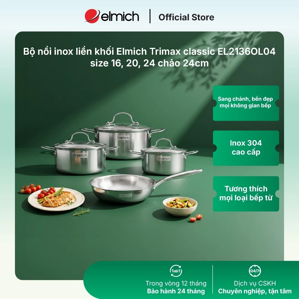 Bộ nồi inox nguyên khối Elmich Trimax EL-2136OL04 Size 16, 20, 24 chảo 24cm