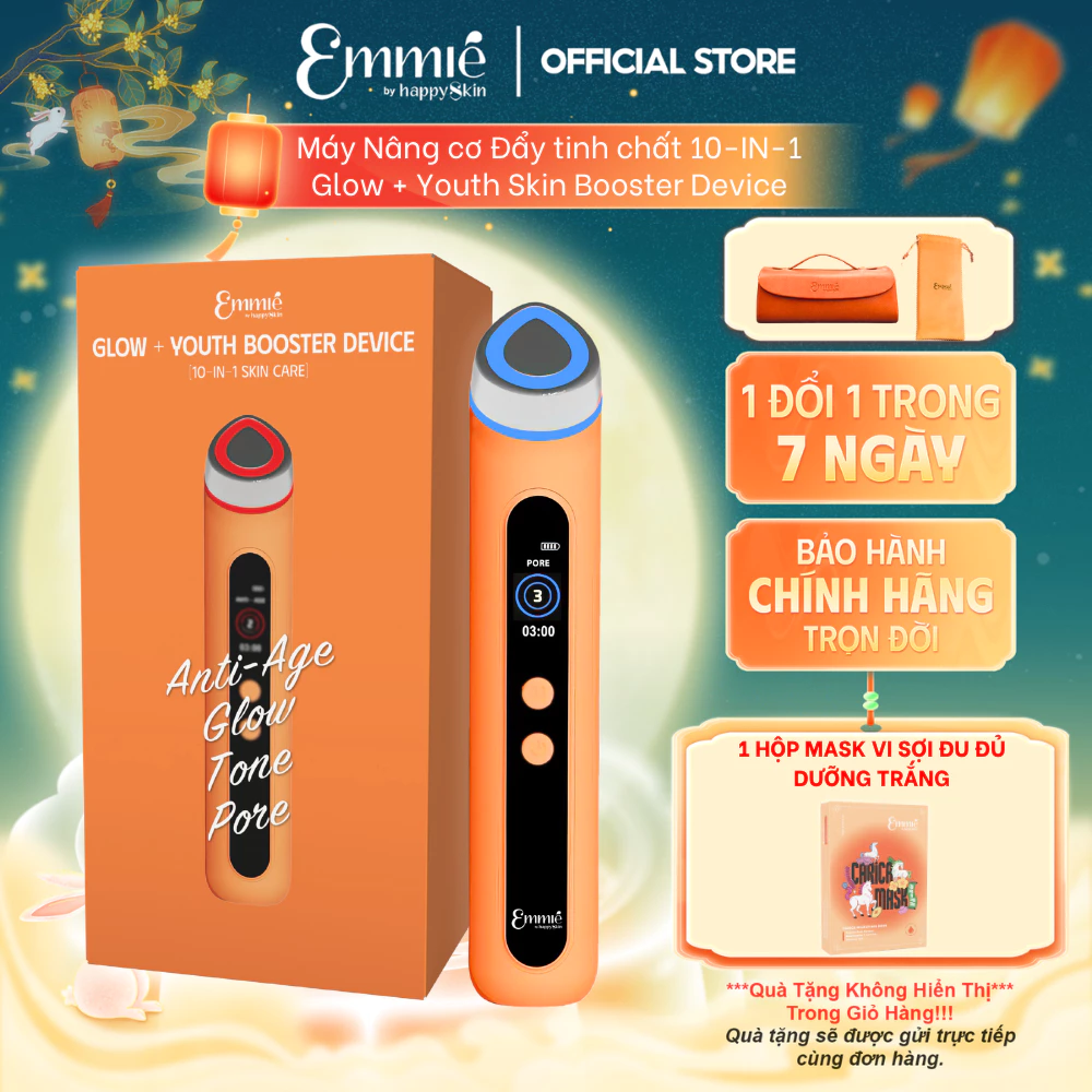 Máy đẩy tinh chất Emmie 10 in 1 Glow Youth Skin Booster Hỗ Trợ Cải Thiện Đàn Hồi da Tặng Hộp 10 Mặt Nạ Dưỡng Trắng Đu Đủ