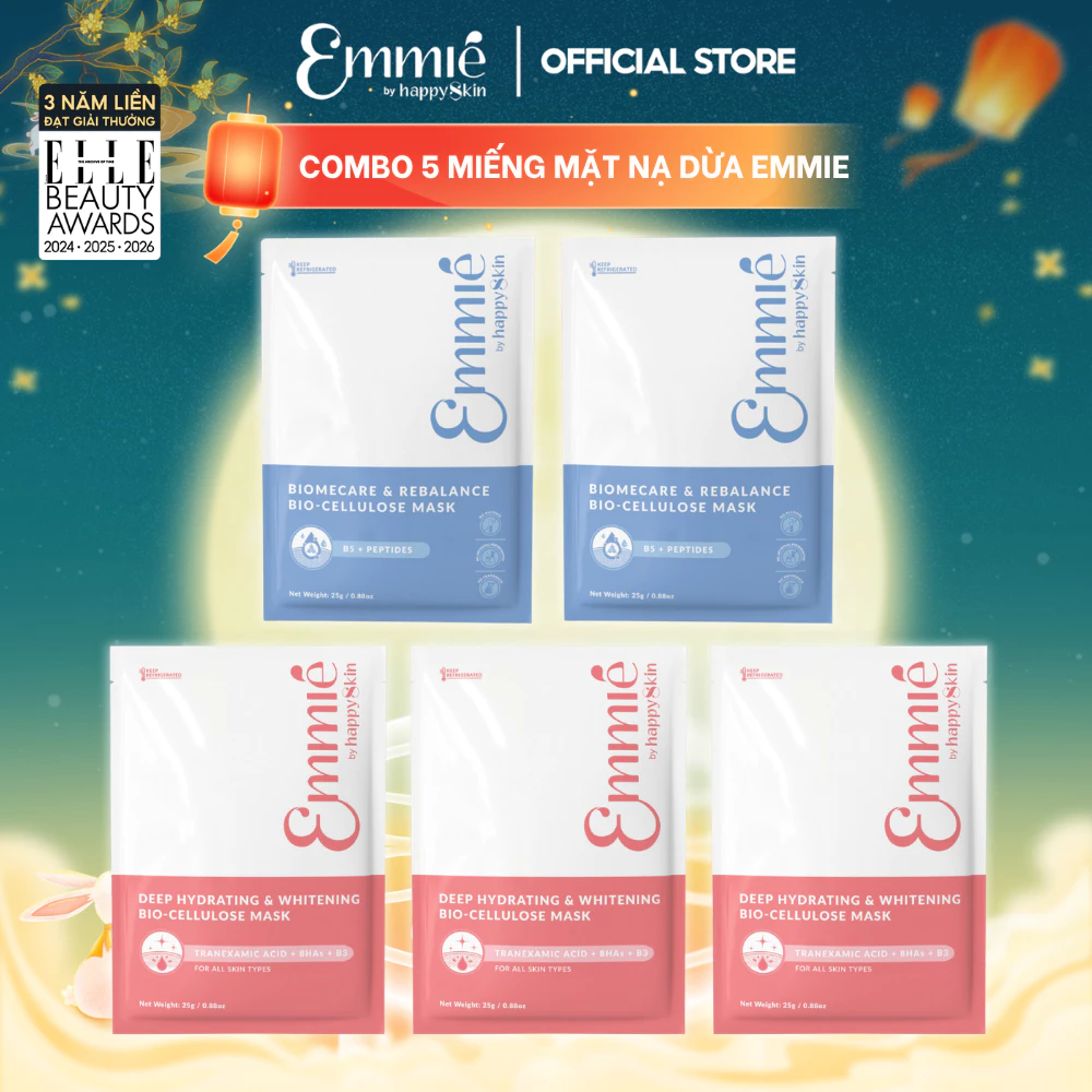 Mặt nạ phôi dừa Emmie Bio Cellulose B5 B3 Hỗ Trợ Phục Hồi Làm Dịu Da Cấp Ẩm - Hỗ Trợ Dưỡng Sáng Combo 5 Miếng