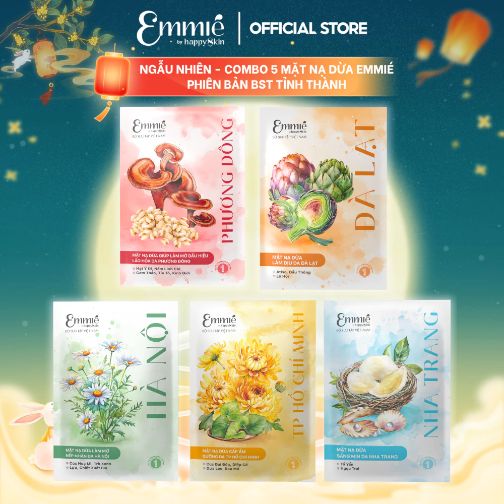 Mặt nạ phôi dừa Emmie Bio Cellulose Phiên bản Tỉnh Thành - Ngẫu nhiên 5 Miếng Phương Đông Đà Lạt Hà Nội TP HCM Nha Trang