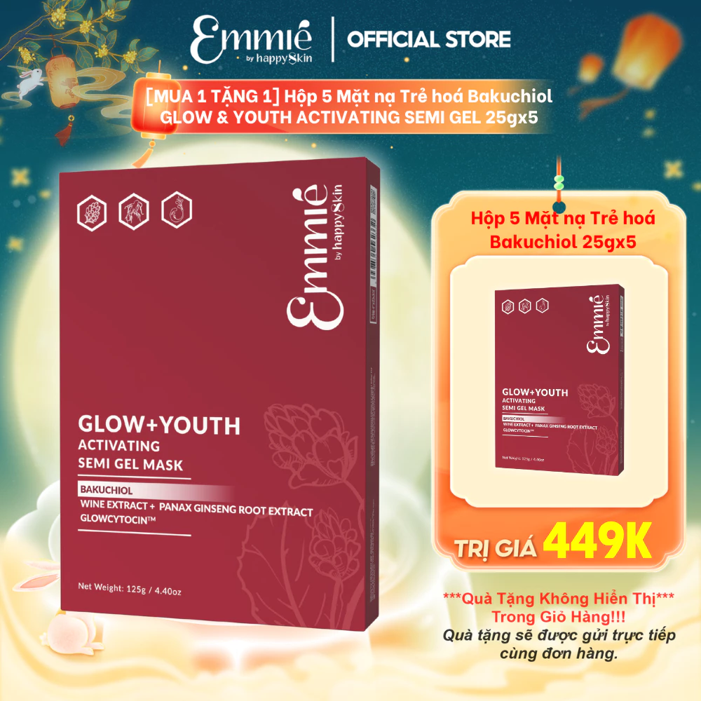 Mặt nạ dưỡng da Emmie Bakuchiol Glow & Youth Giúp Trẻ Hóa Da Căng Bóng Mờ Nhăn - Gel Lạnh Ôm Khít Cấp Ẩm Hộp 5 Mặt nạ