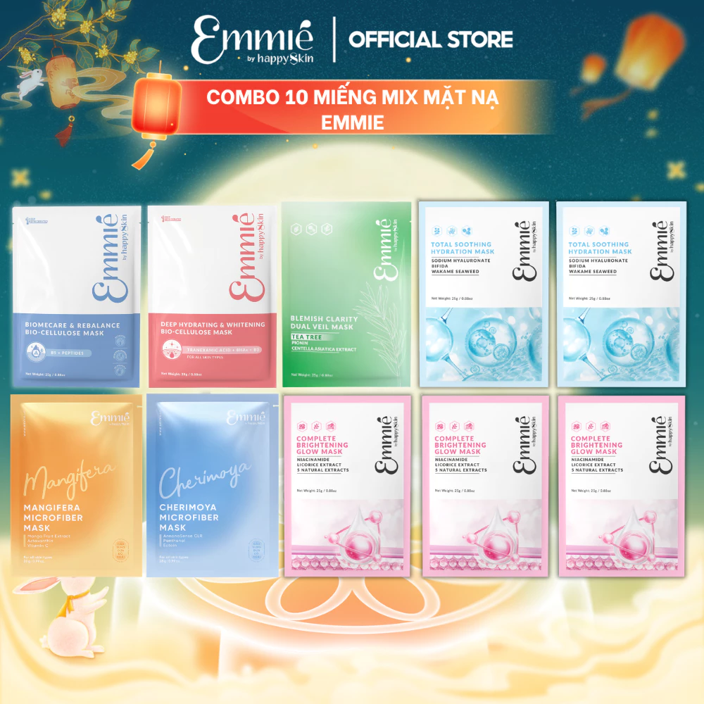 COMBO MIX 10 Mask Trải nghiệm Emmie : 1 Mask Dừa B5 + 1 Mask Dừa B3 + 2 Mask Vi sợi + 5 Mask Tencel + 1 Mask Tràm trà