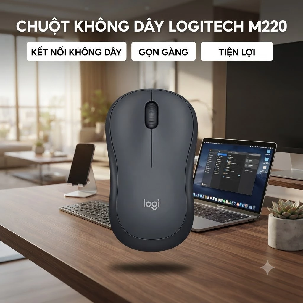 Chuột Không Dây M220 Giảm Ồn Click Êm, USB Kết Nối Tiện Lợi, Độ Nhạy Cao Cho Laptop PC, Full Box