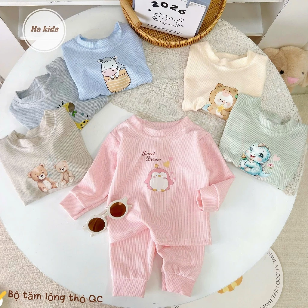 Combo 2/3 Bộ Nỉ Len Tăm Thỏ Boonhousee Ấm Áp Mềm Mại In Hình Cho Bé Trai Bé Gái Size 7-15kg