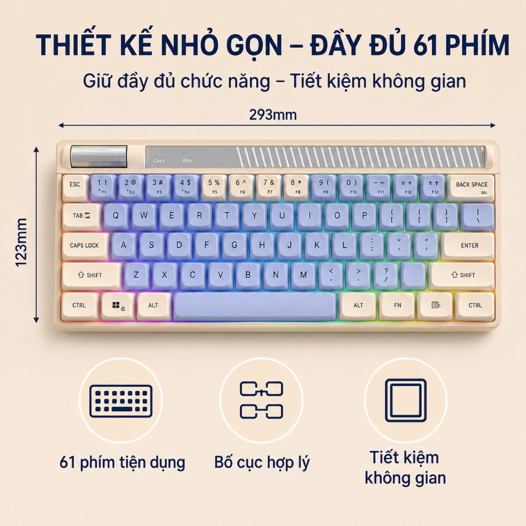 Bàn Phím Gaming K22 Giả Cơ 61 Phím RGB 7 Màu, Type-C Có Dây, Gõ Êm, Nhỏ Gọn Cho PC Laptop Văn Phòng