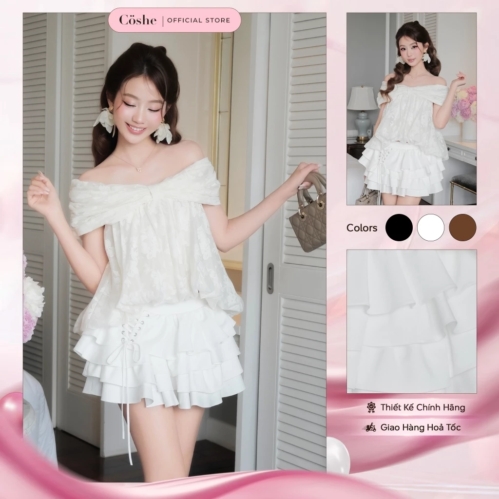 Chân váy ngắn COSHE Midi Skirt xếp tầng đan dây chất visco óng tôn eo sang chảnh dạo phố dự tiệc