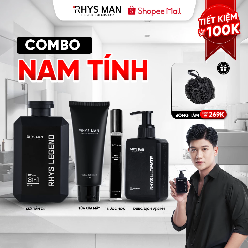 Bộ quà tặng-Sữa tắm gội 3in1 350ml & Sữa rửa mặt 100ml & Dung dịch vệ sinh 120ml & Nước hoa nam RHYS MAN