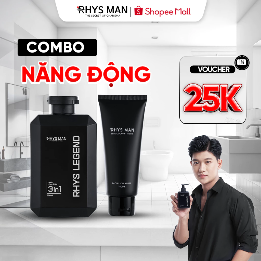 Bộ Quà Tặng Nam - Sữa tắm gội nam 3in1 350 ml & Sữa rửa mặt nam Rhys Coconut Fresh 100ml