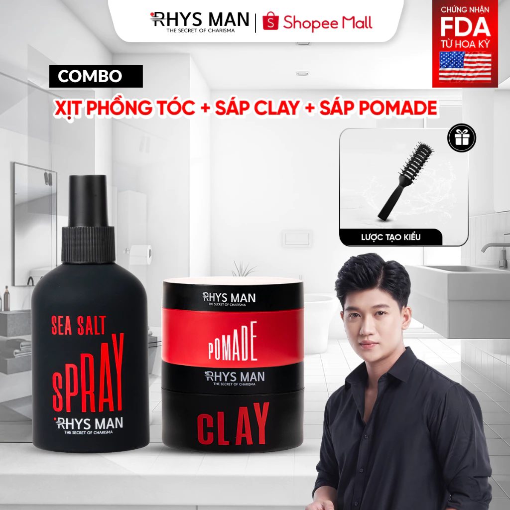 Combo - Xịt tạo phồng tóc 200ml & Sáp vuốt tóc Pomade & Sáp vuốt tóc 3S Airy Texture Clay 90g Rhys Man